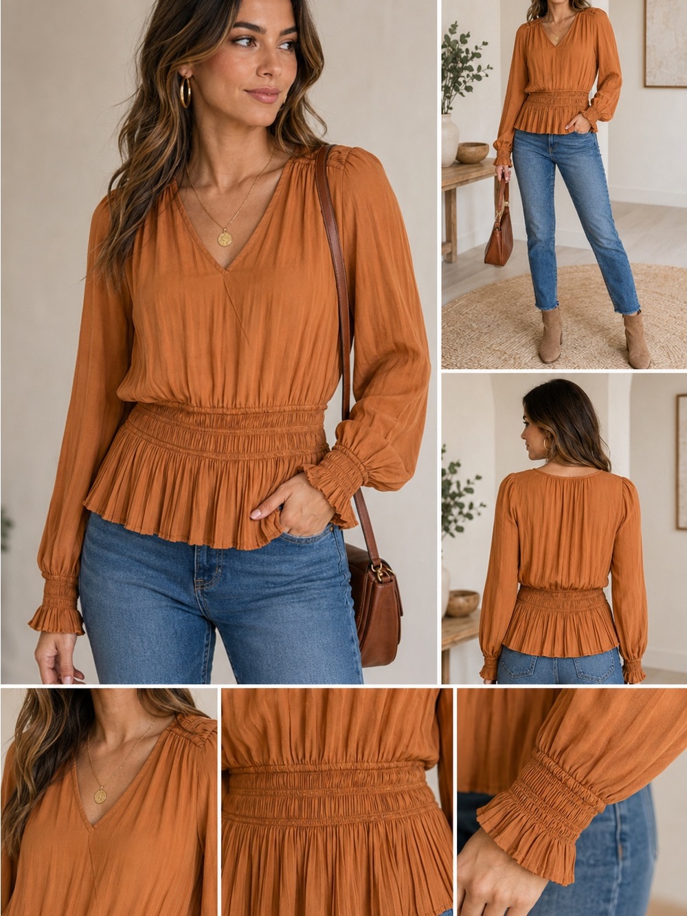 Catherine Malandrino Cinnamon Smocked Pleated Peplum Blouse NWT Large
